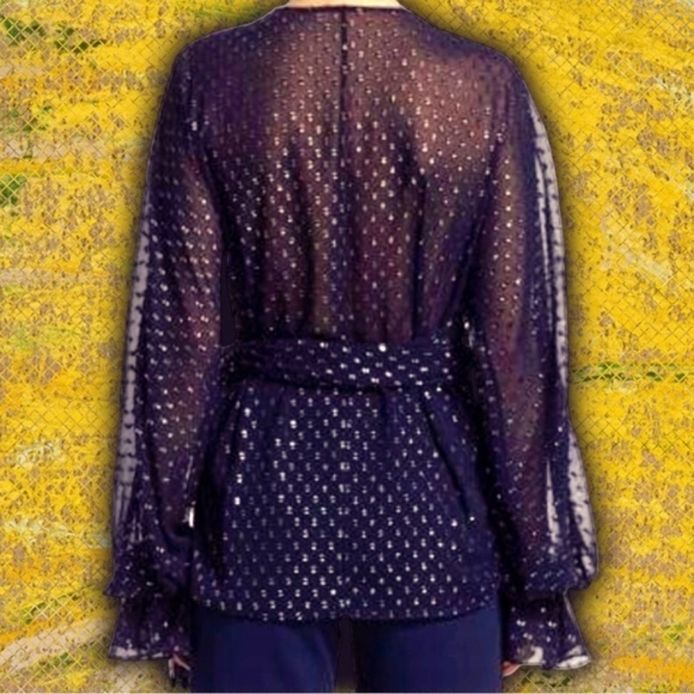 💘 Jonathan Simkhai Metallic Wrap Blouse in Midnight Blue XS ASO Sunny Hostin - Picture 6 of 10